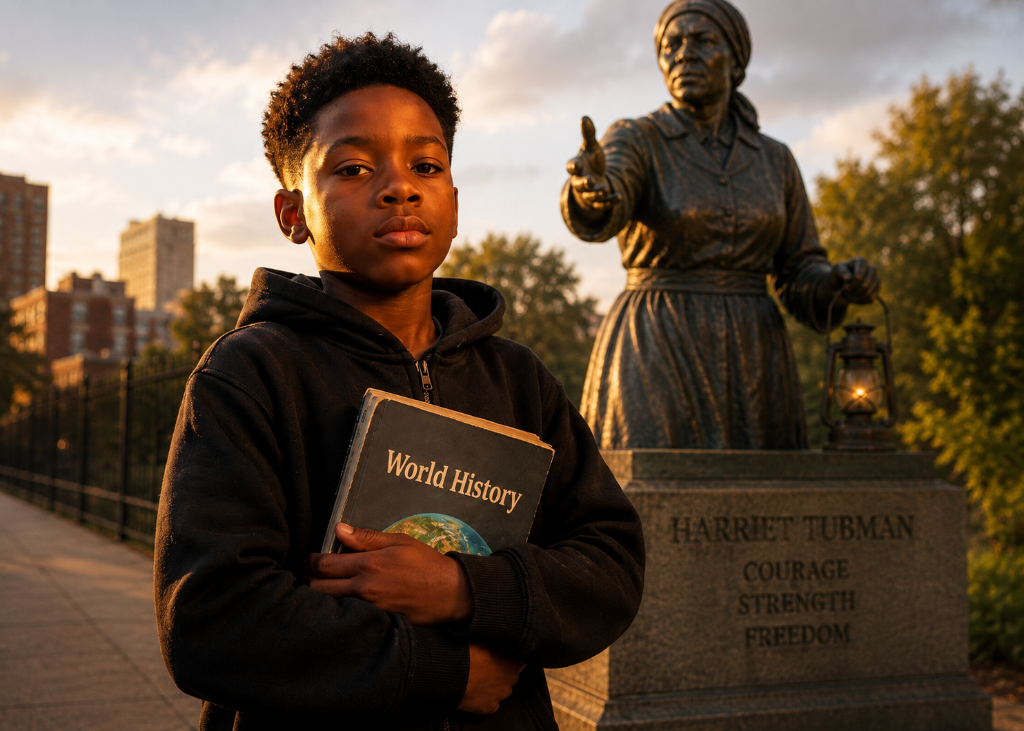 A young Black student stands before a mural of Harriet Tubman, Martin Luther King Jr. and Malcolm X